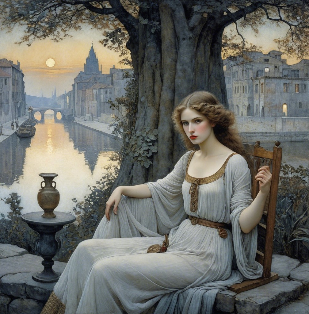 Young Woman by River at Sunset with Charming Backdrop