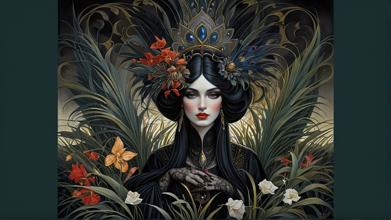 Regal Woman with Crown Surrounded by Lush Foliage
