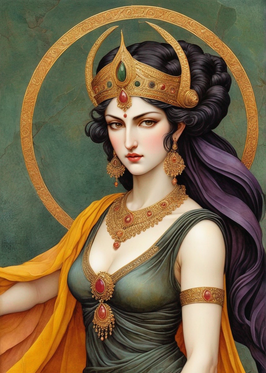 Regal Woman in Golden Crown and Green Dress Illustration