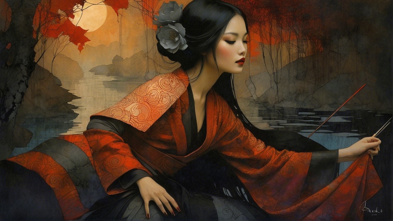 Serene Woman in Red Kimono by Calm Waterway