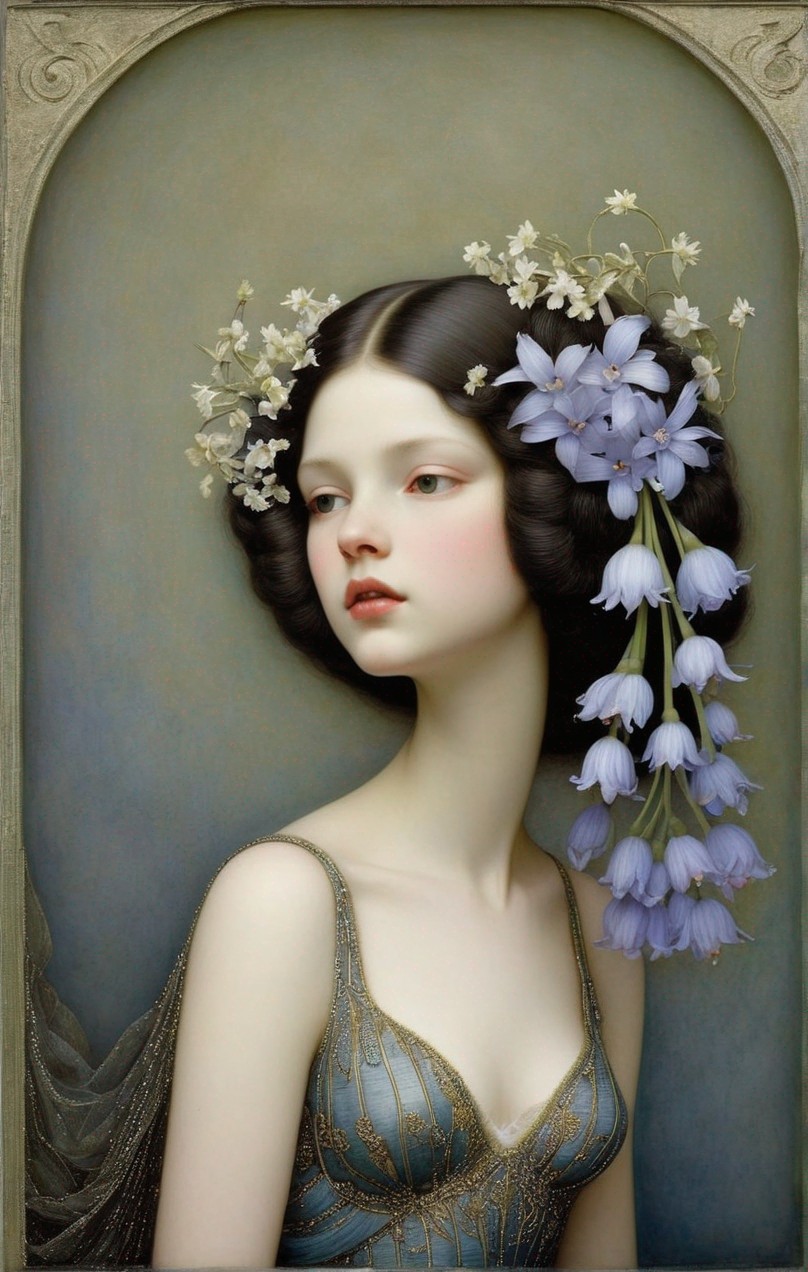 Portrait of a young woman with floral headpiece in blue dress