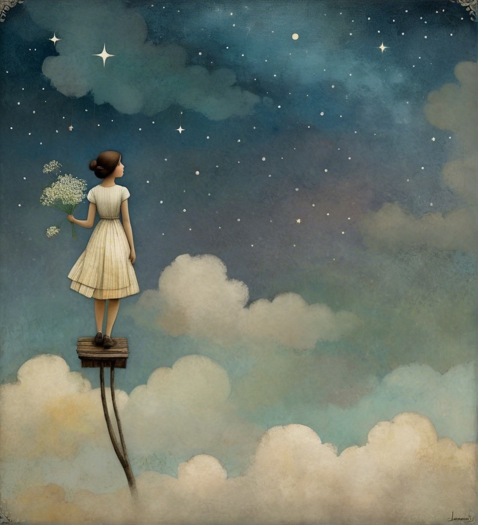 Girl in Vintage Dress on Platform Above Fluffy Clouds