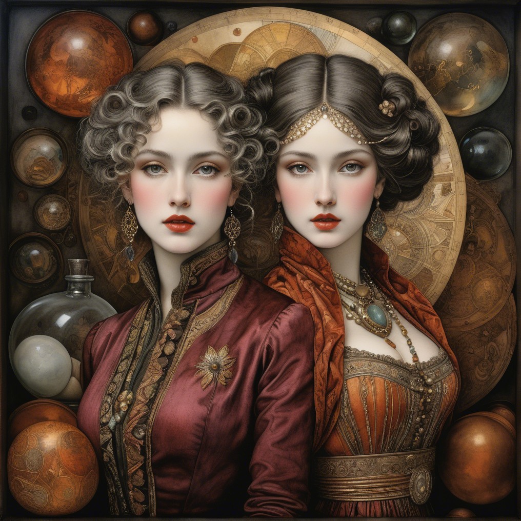 Elegant Women in Detailed Garments and Intricate Hairstyles