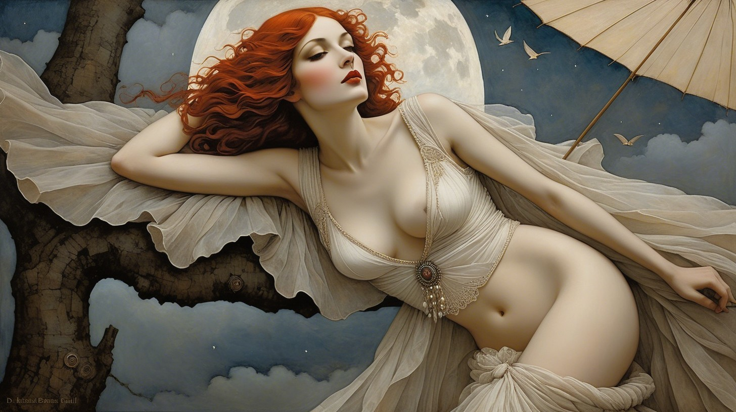 Digital Painting of a Red-Haired Woman Under Moonlight