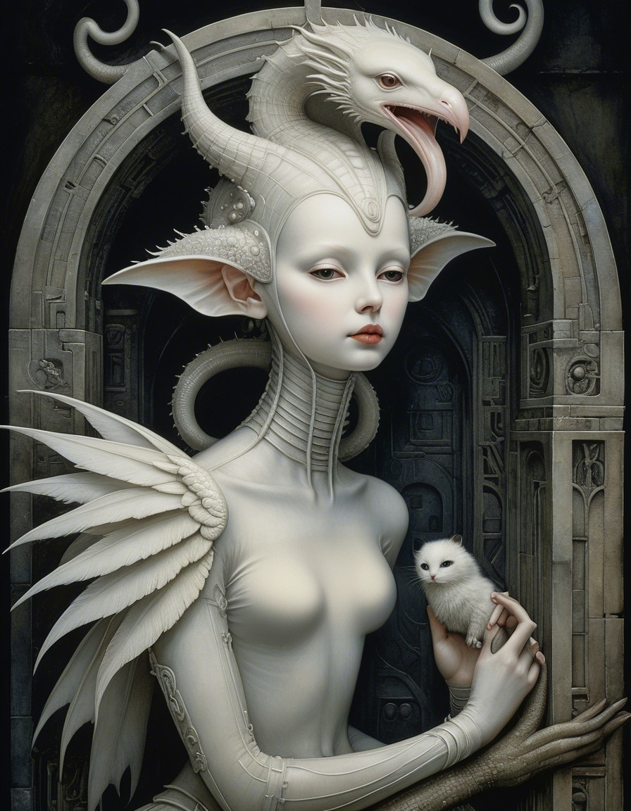 Mystical Figure with Wings and Dragon Headdress