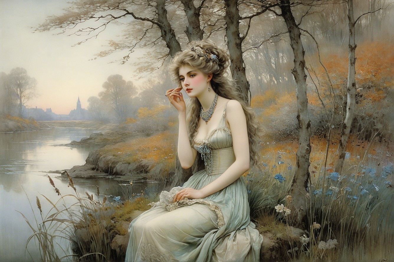 Woman in Gray Dress by River in Romantic Painting