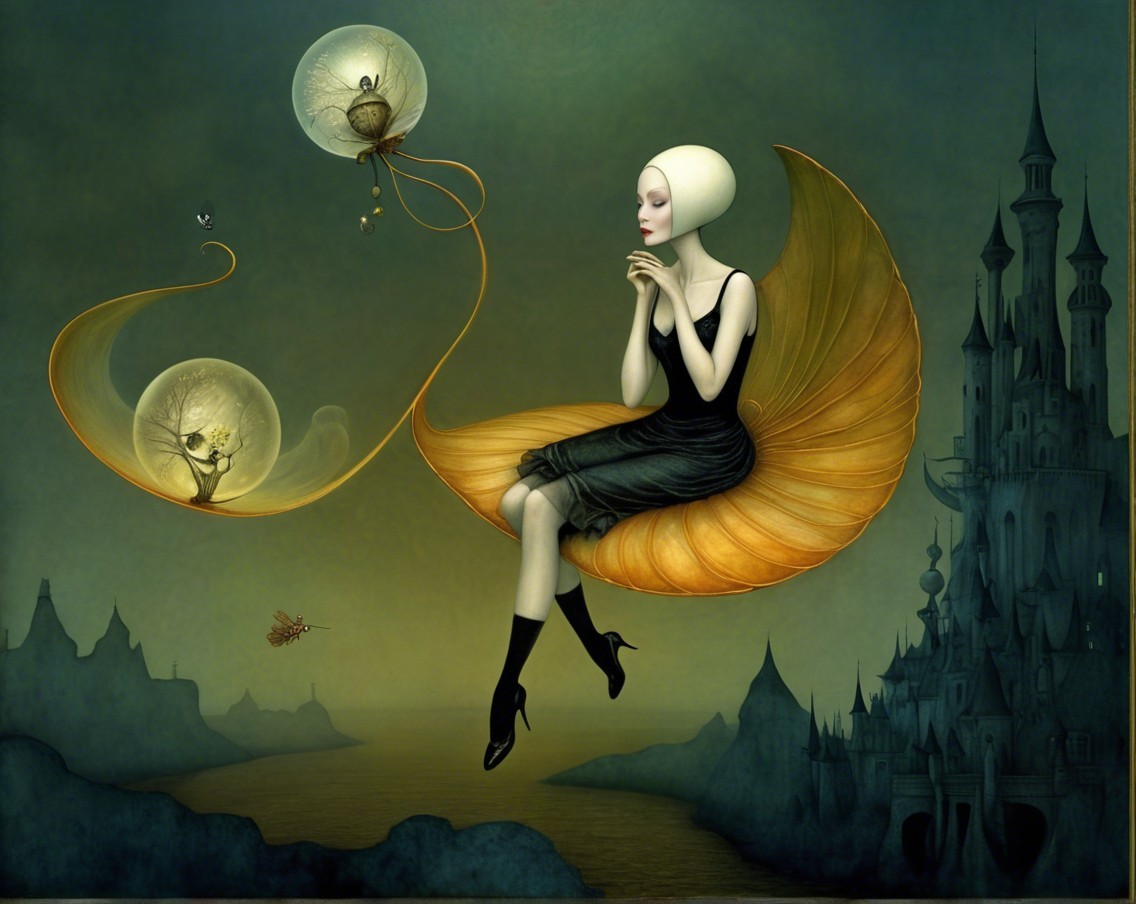 Surreal Landscape with Woman on Golden Shell