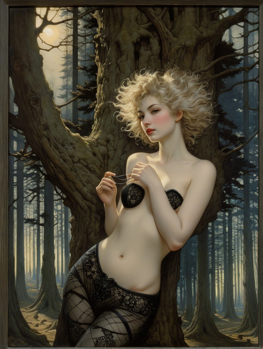 Woman in Lingerie Surrounded by Dark Forest Setting