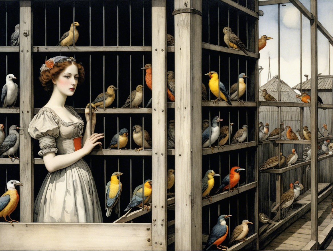 Young Woman with Vintage Dress and Colorful Birds
