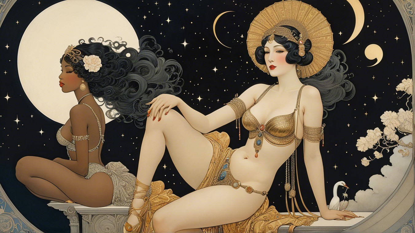 Elegant Women Under a Mystical Night Sky