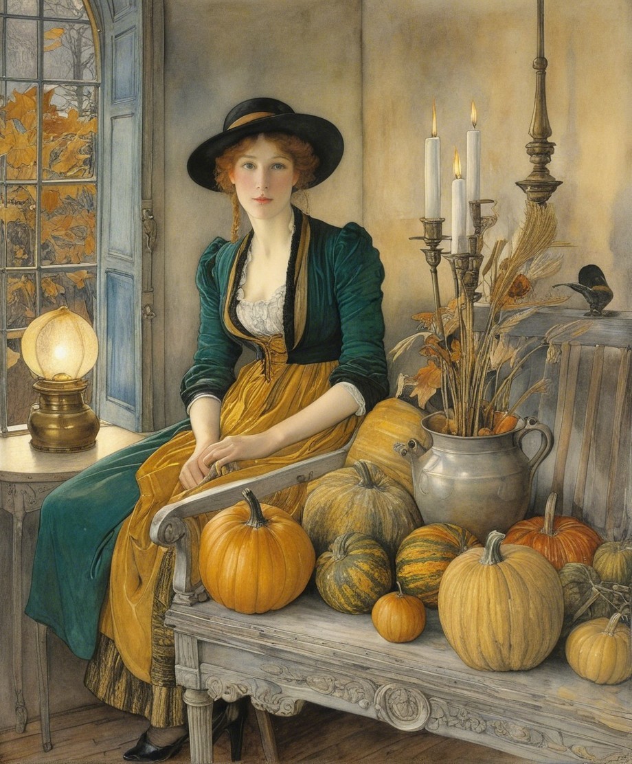 Cozy Room with Young Woman and Autumn Decor