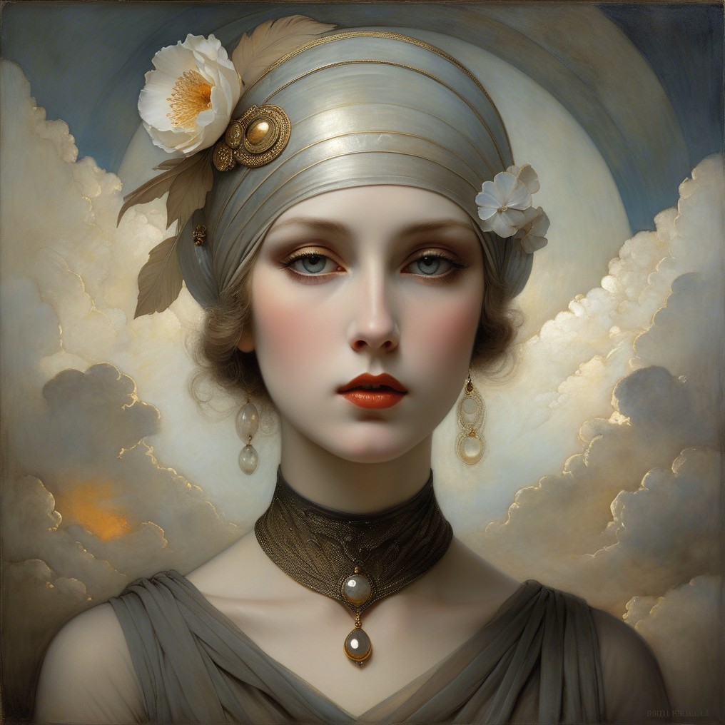 Portrait of a Young Woman with Silver Head Wrap and Flowers