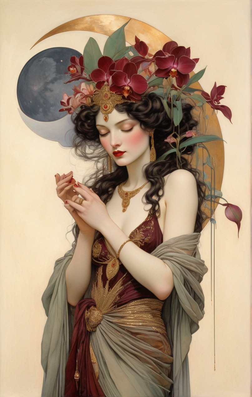 Ethereal woman with red flower headpiece against crescent moon in thoughtful pose