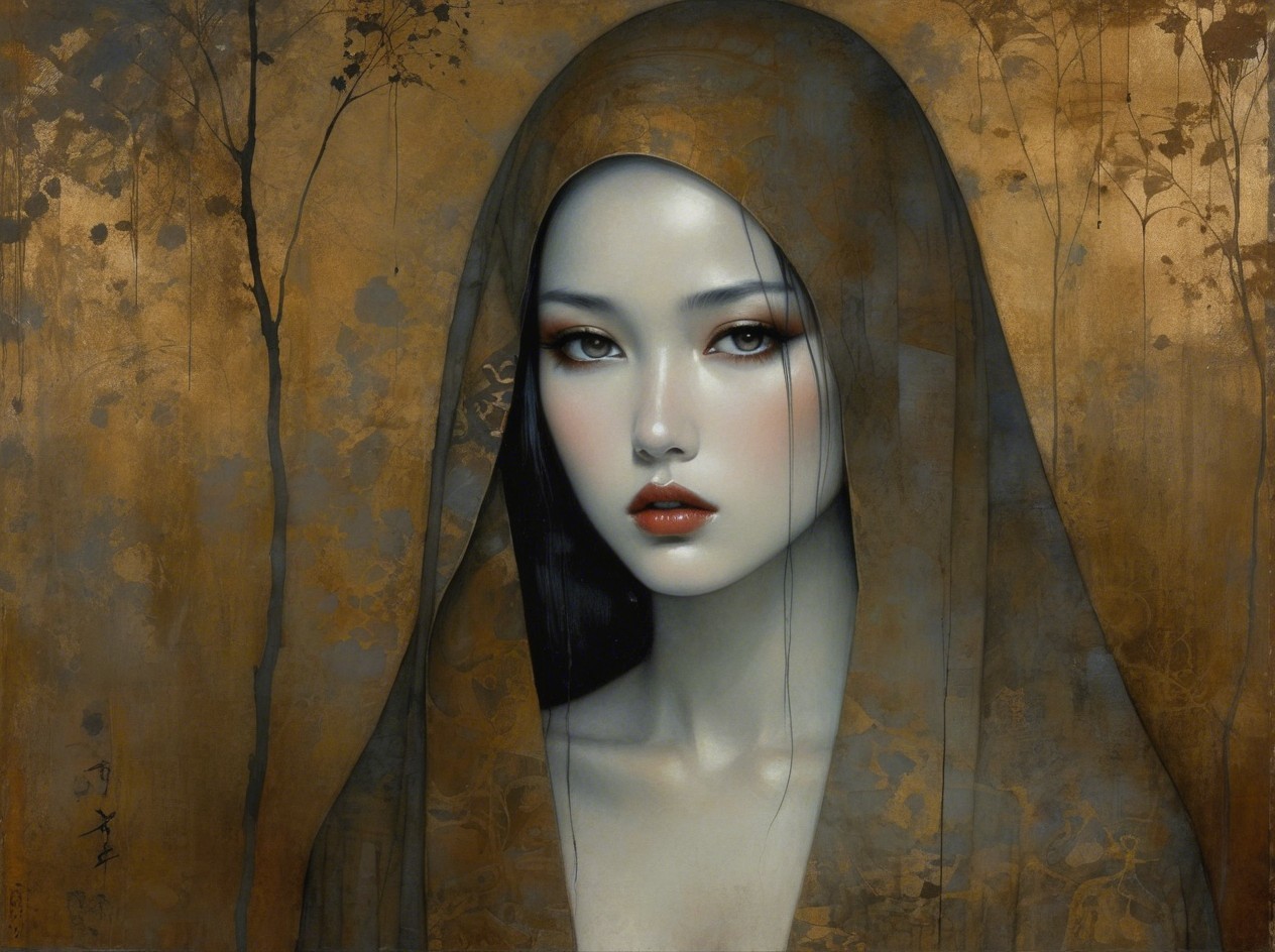 Realistic Portrait of East Asian Woman in Dramatic Attire