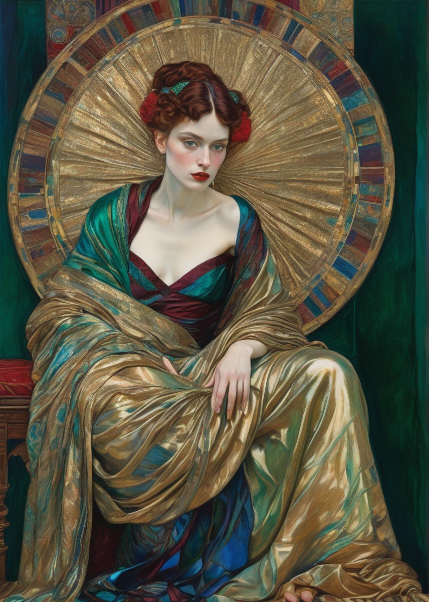 Red-haired woman in gold and emerald gown with halo disc, exuding elegance.