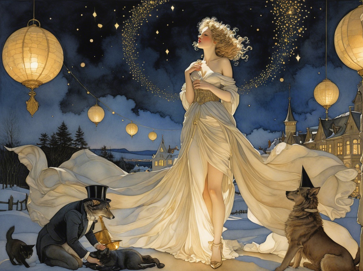 Young woman in white gown amidst snowy landscape