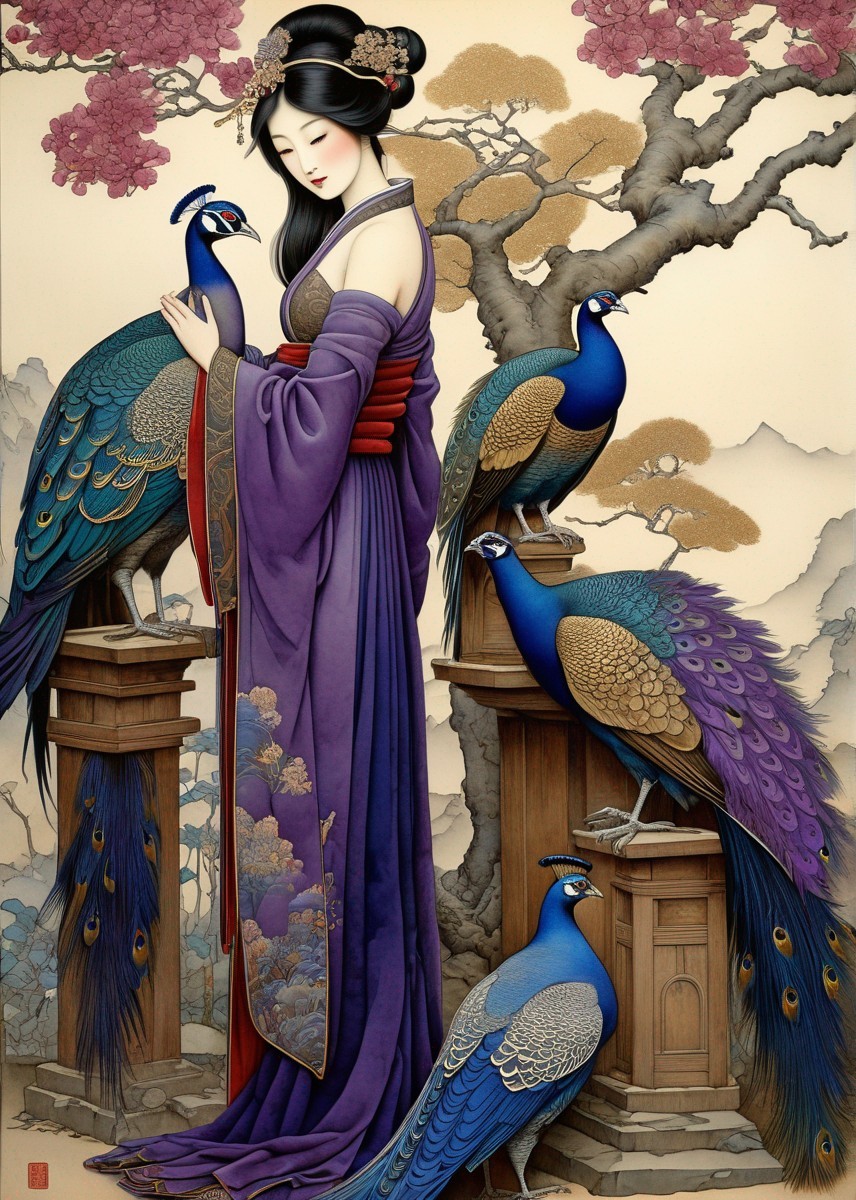 Elegant Woman in Traditional Asian Attire with Peacocks