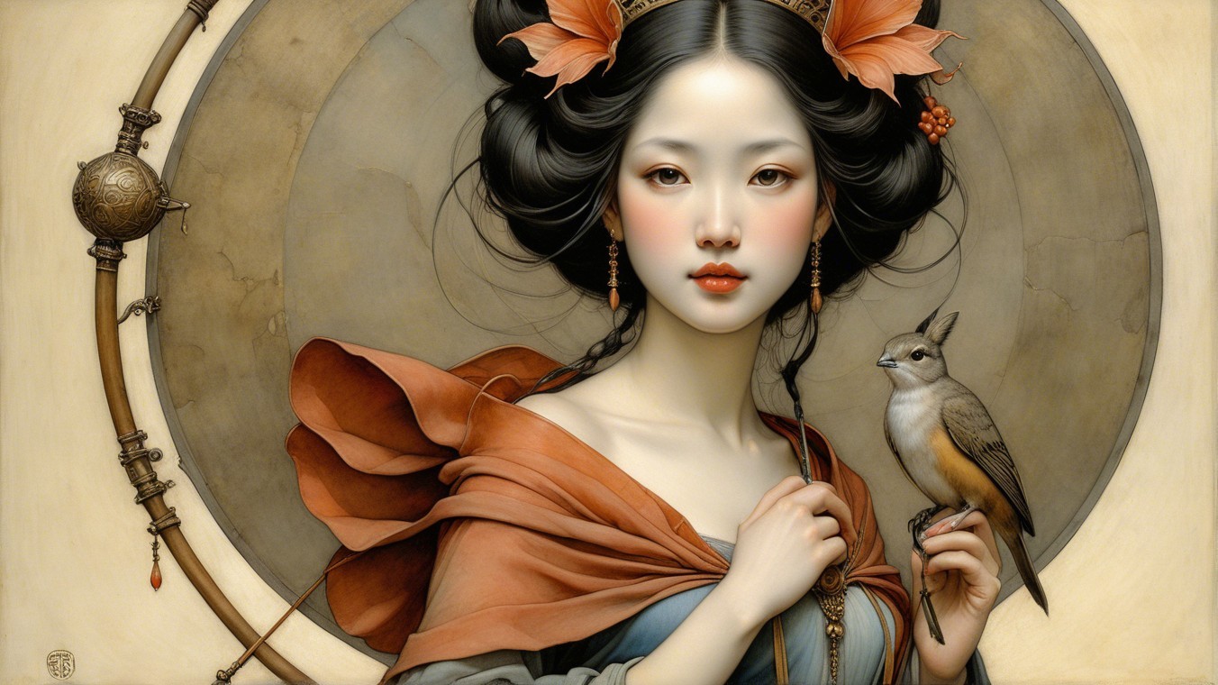 Serene young woman with flowers and a bird in hand