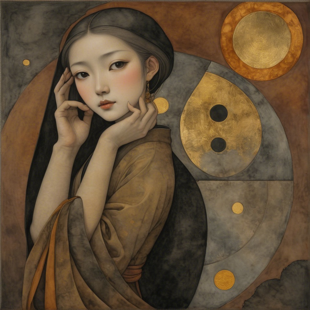 Serene Female Figure in Traditional Robe with Celestial Background