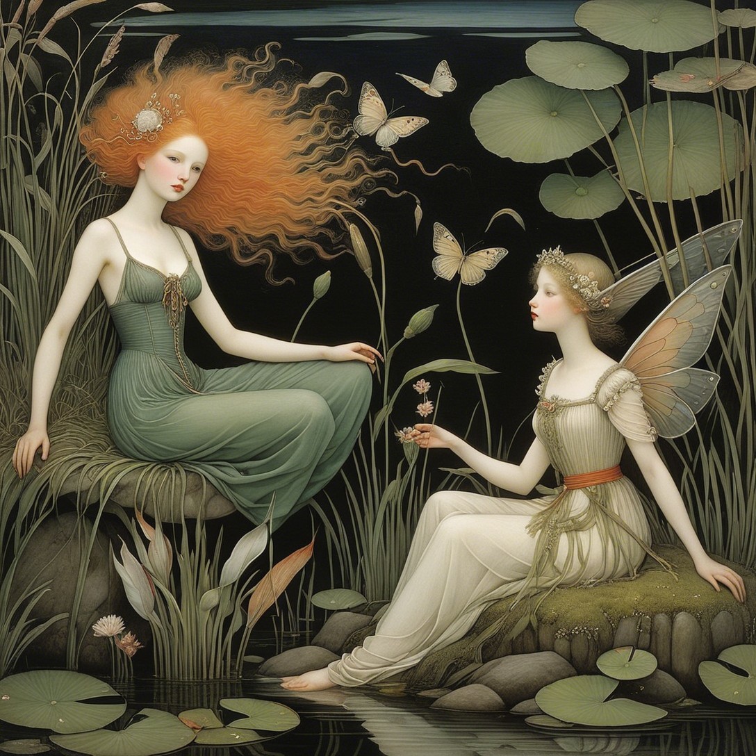 Women by a tranquil pond at night with butterflies