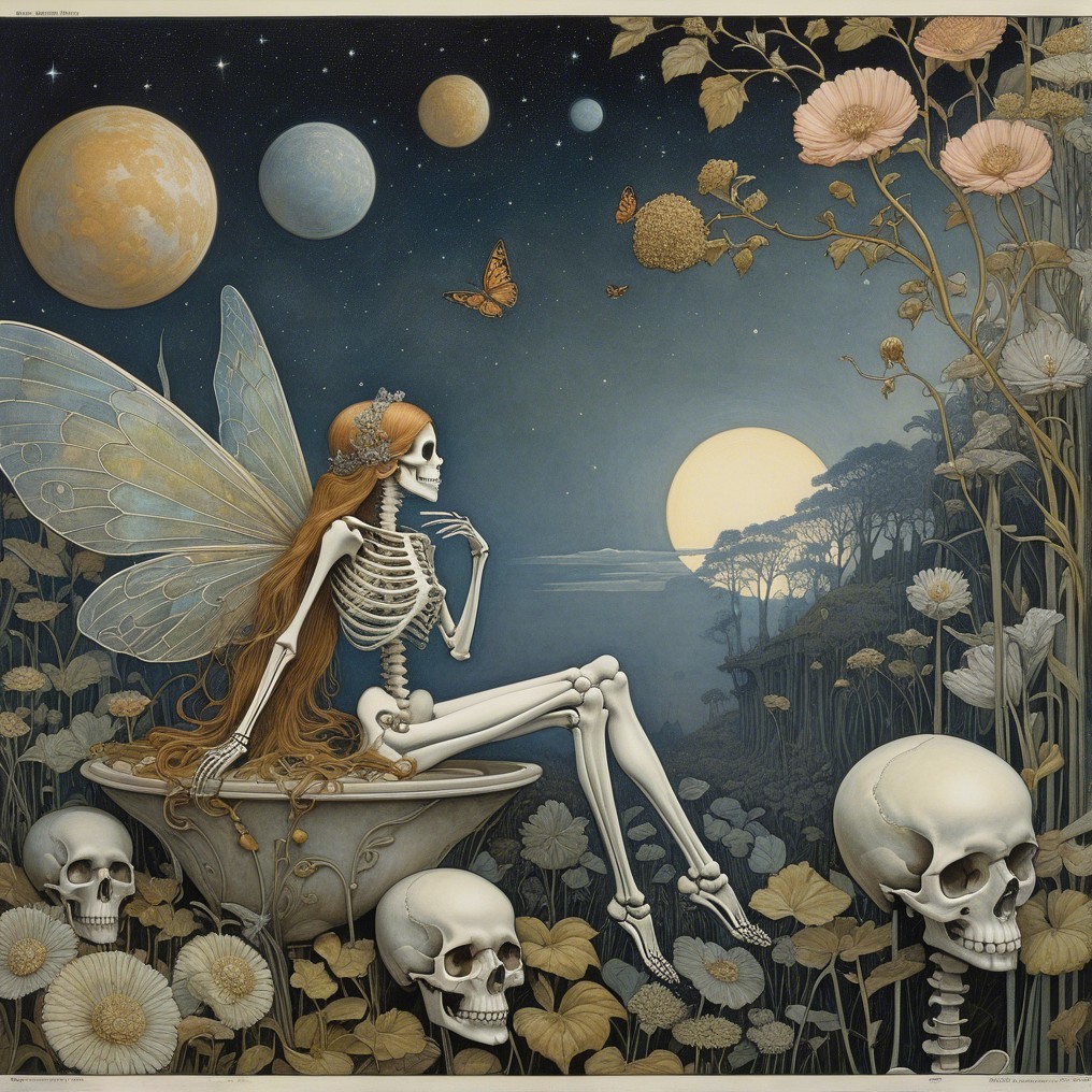 Skeletal Fairy in Moonlit Floral and Skull Scene