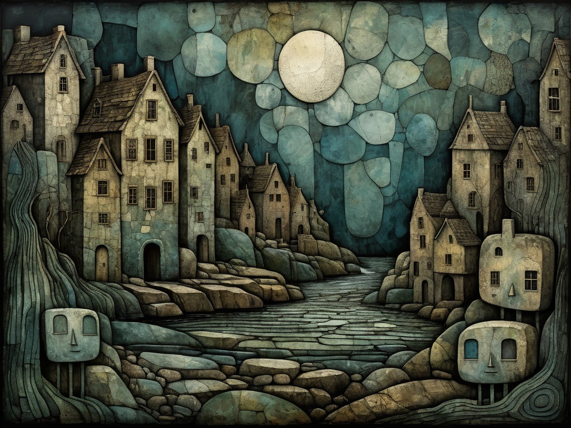 Surreal Landscape with Irregular Houses and Moonlight