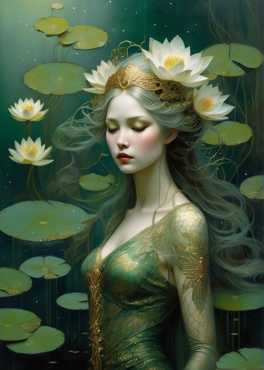Mystical female figure with grey hair, golden crown, surrounded by lotus flowers