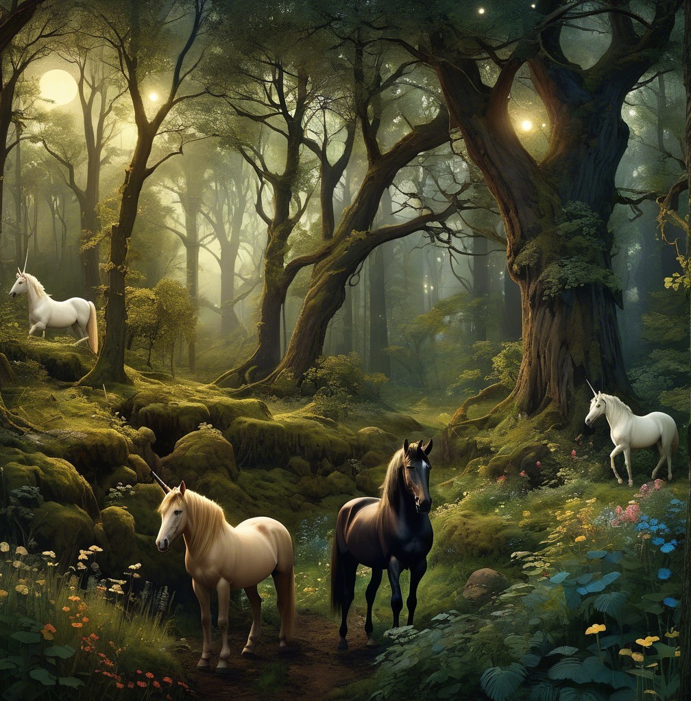Horses and Unicorns in a Mystical Forest Setting