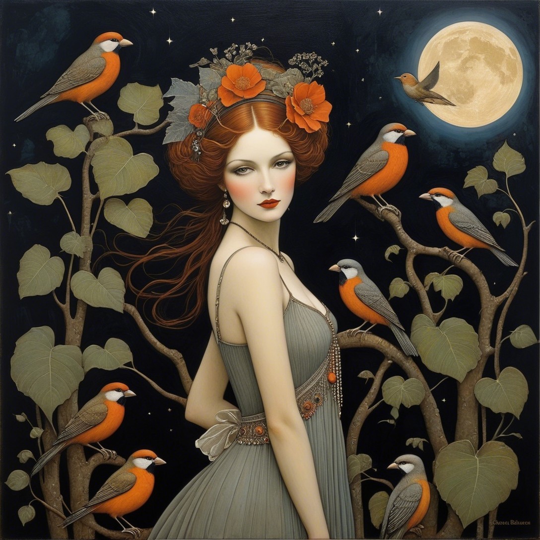 Red-haired woman in gray dress with floral crown