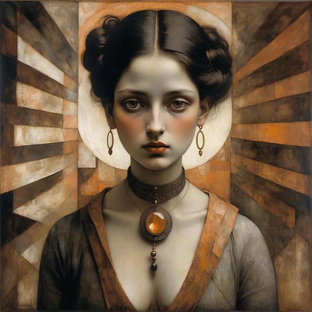 Young woman with halo and earthy striped background