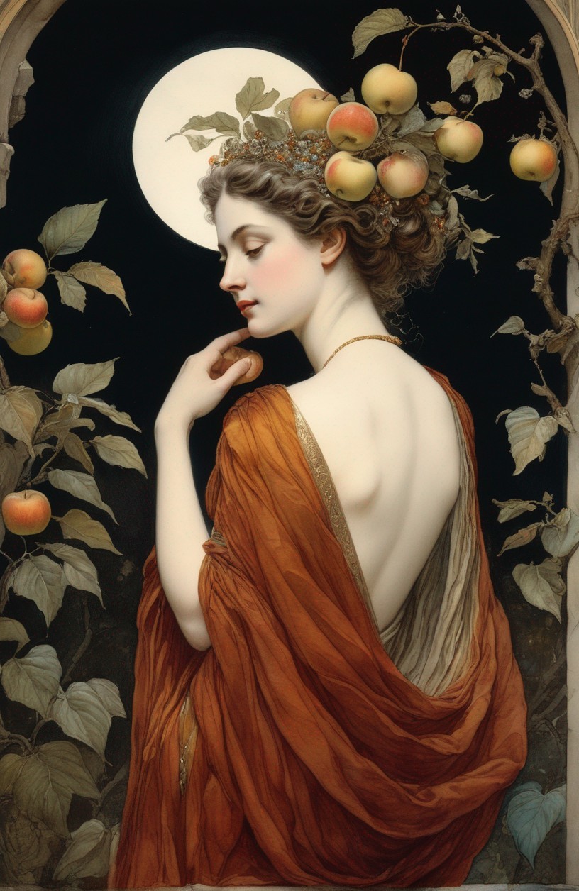Woman with Apple Crown Contemplating Under Moonlit Sky