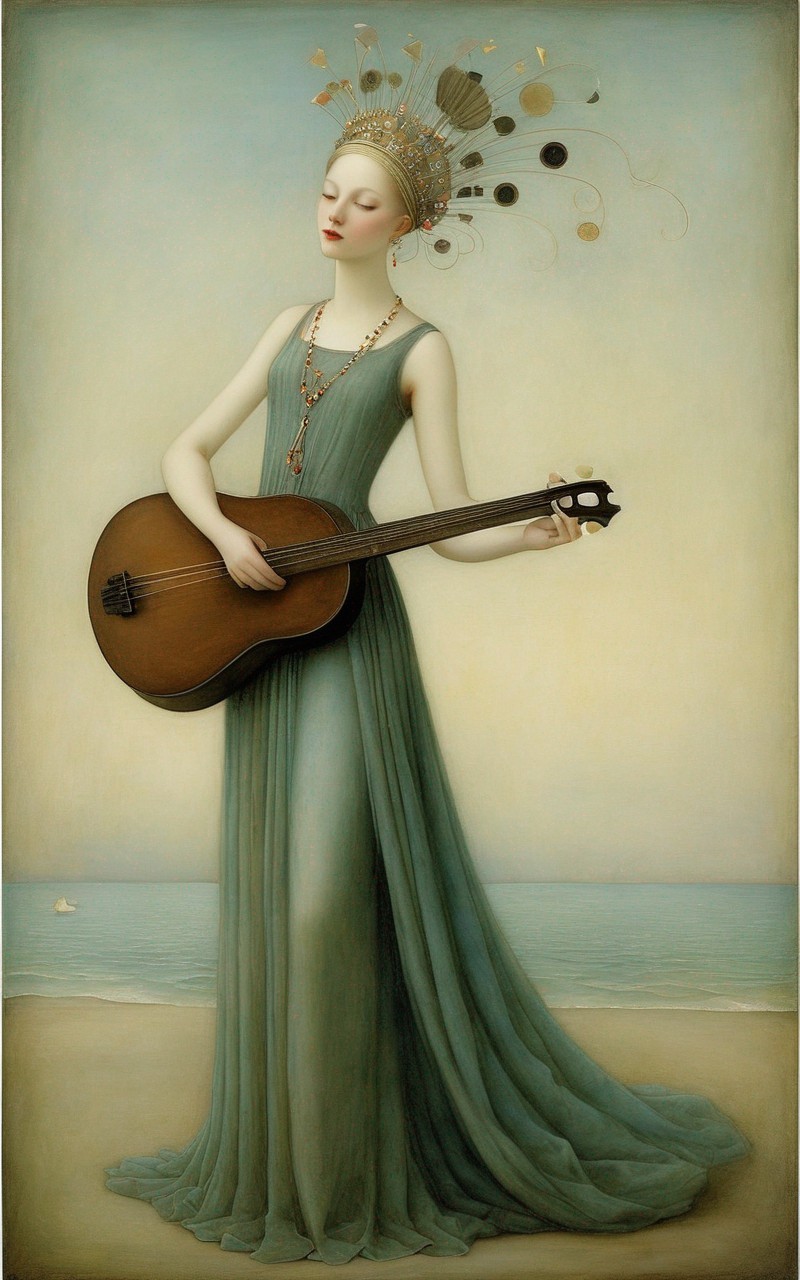Ethereal woman in green gown with lute and surreal headdress