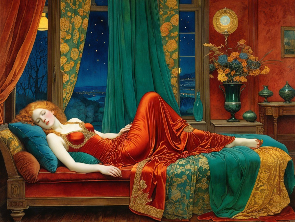 Serene Woman in Red Gown on Chaise Lounge at Night