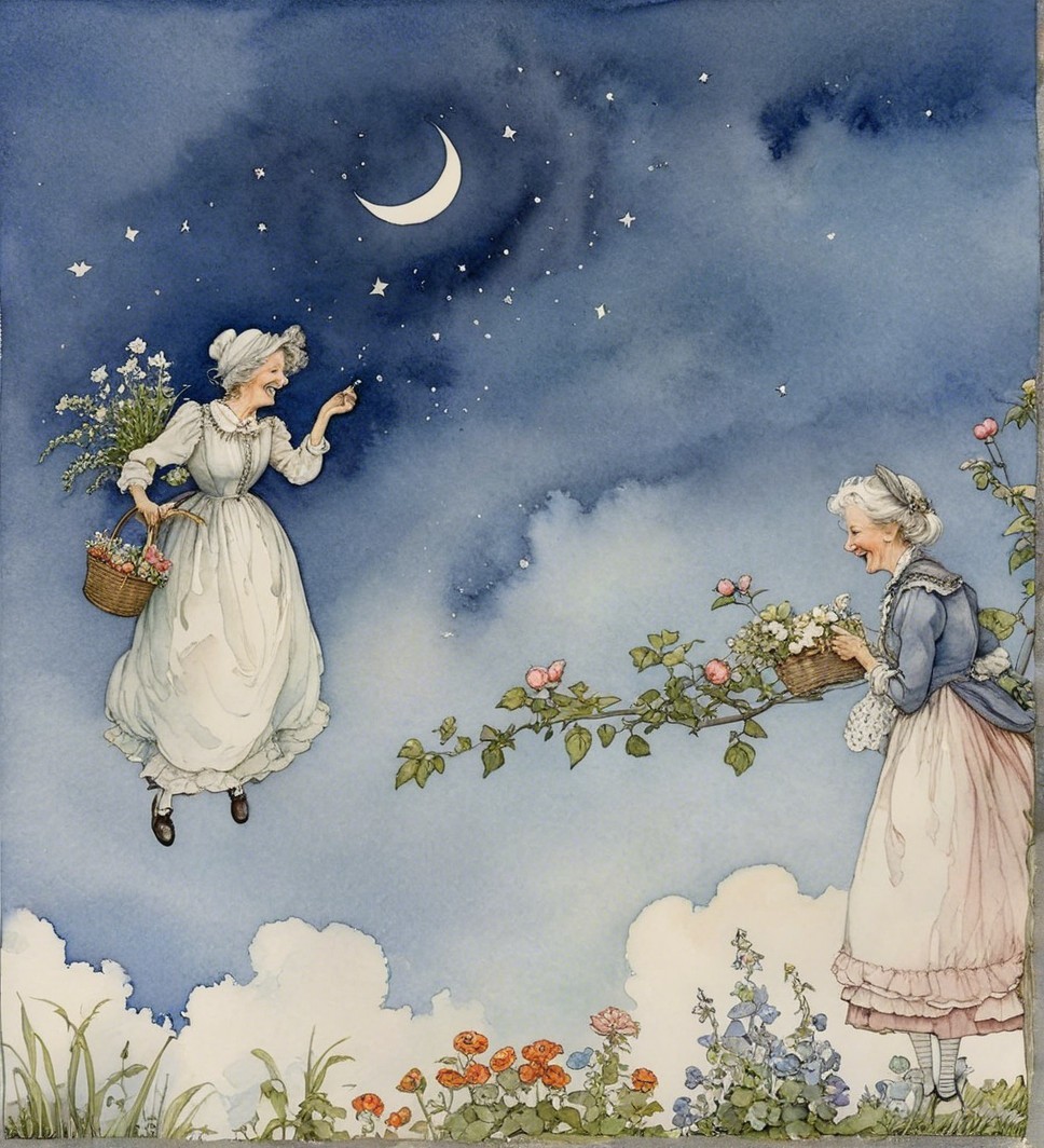 Elderly Women in Dreamy Night Sky Scene with Flowers
