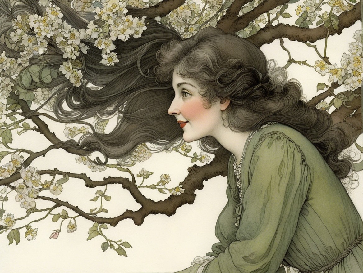 Young Woman in Nature with Blossoms and Green Garment