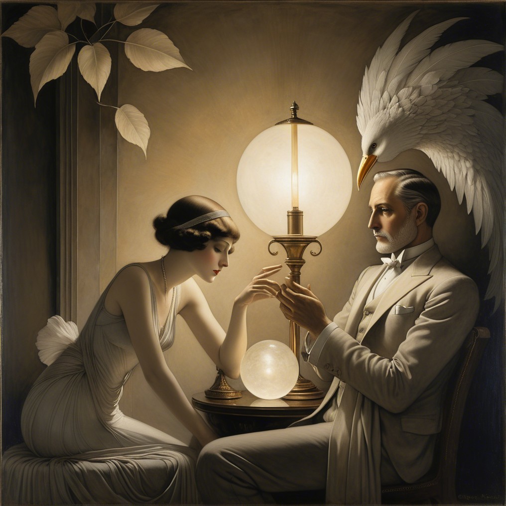 Glamorous Couple with Crystal Ball in Dimly Lit Room