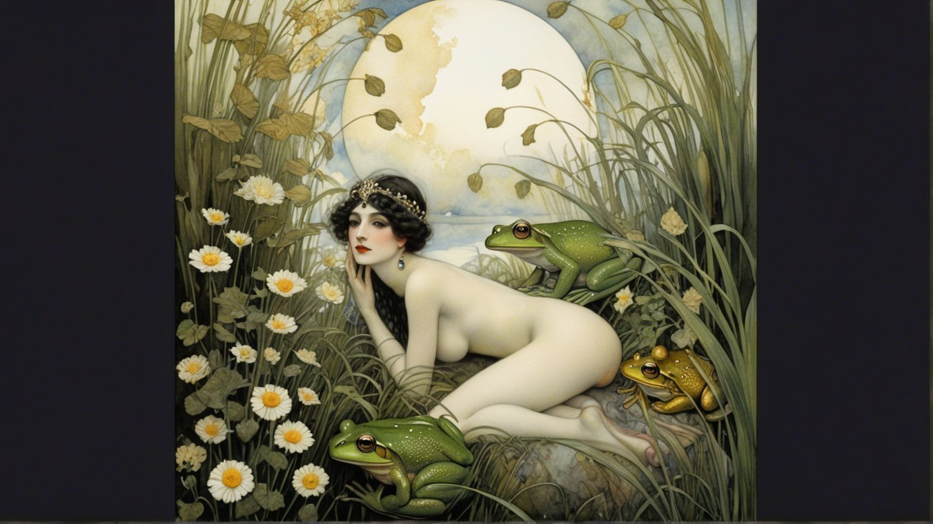 Nude Woman Among Grasses and Full Moon Scene