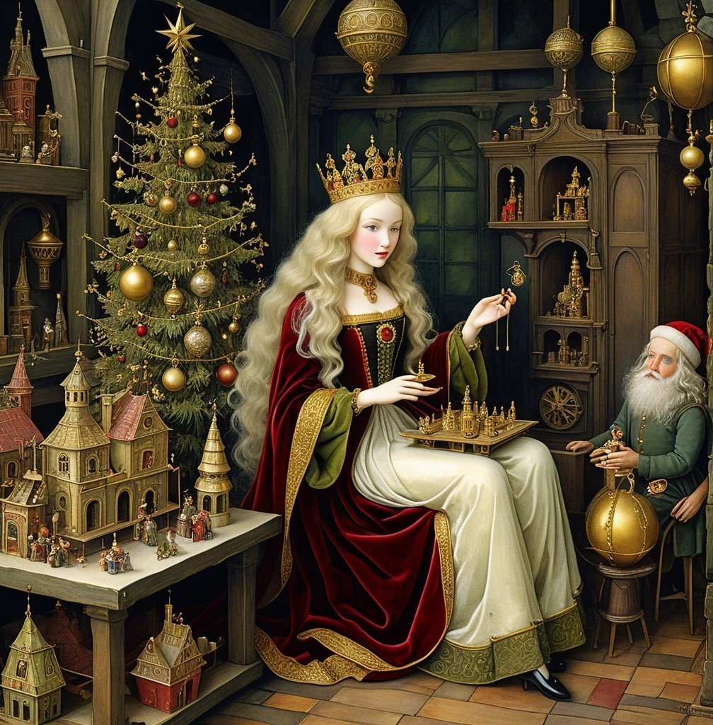 Queen in Cozy Holiday Room with Chess and Santa Claus