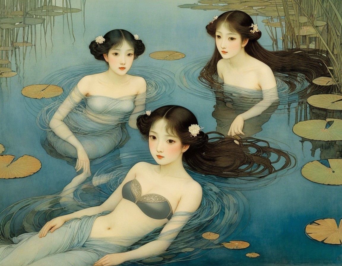 Ethereal Water Spirits in a Serene Pond Scene