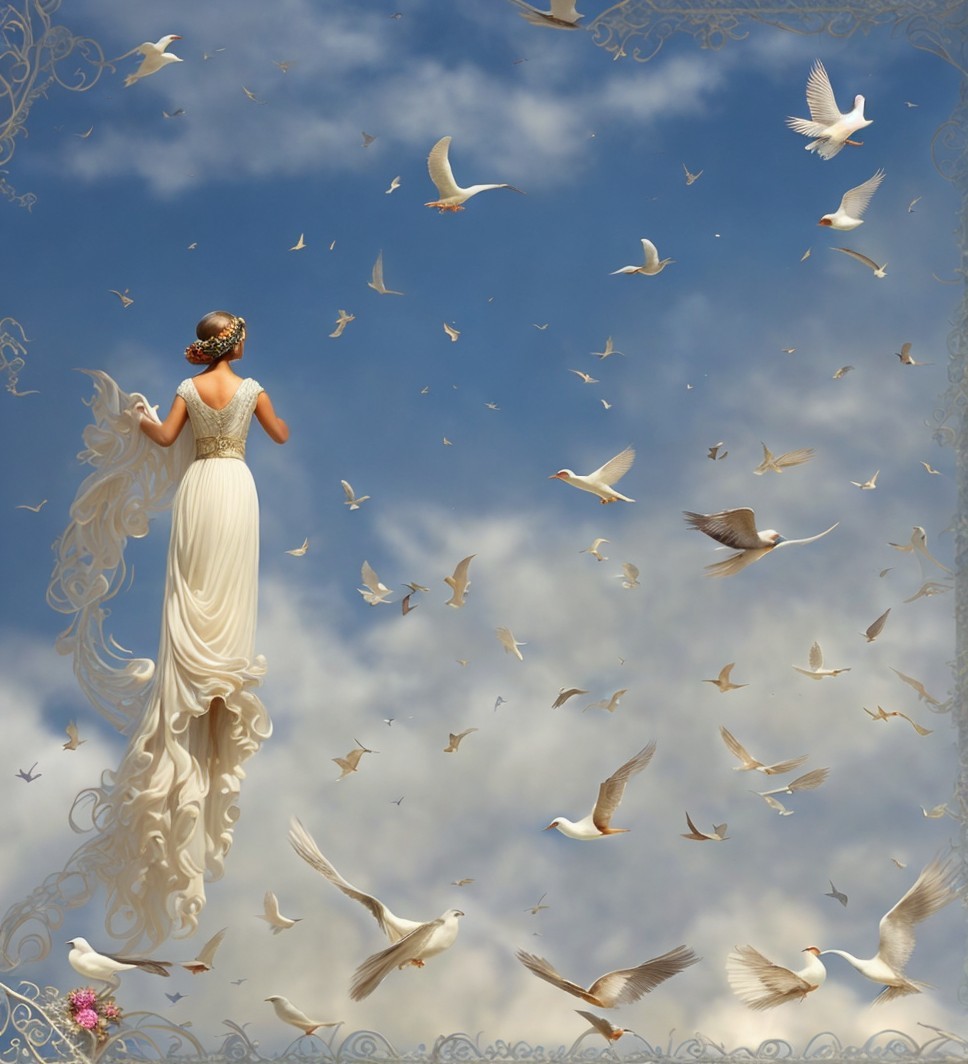 Woman in White Gown Ascending to Blue Sky with Birds