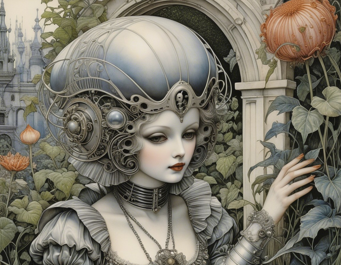 Futuristic Woman with Art Nouveau Hairstyle in Garden