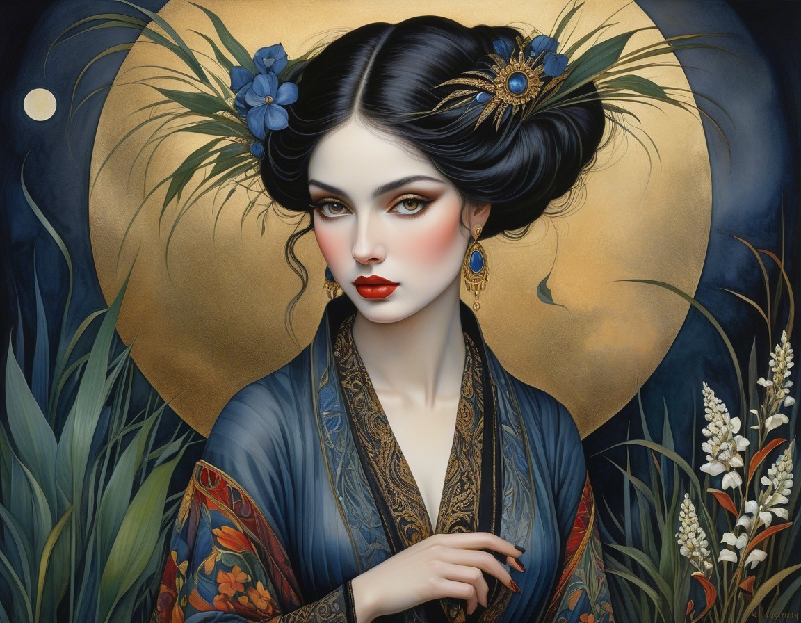 Serene Woman in Elegant Updo Against Luminous Moon