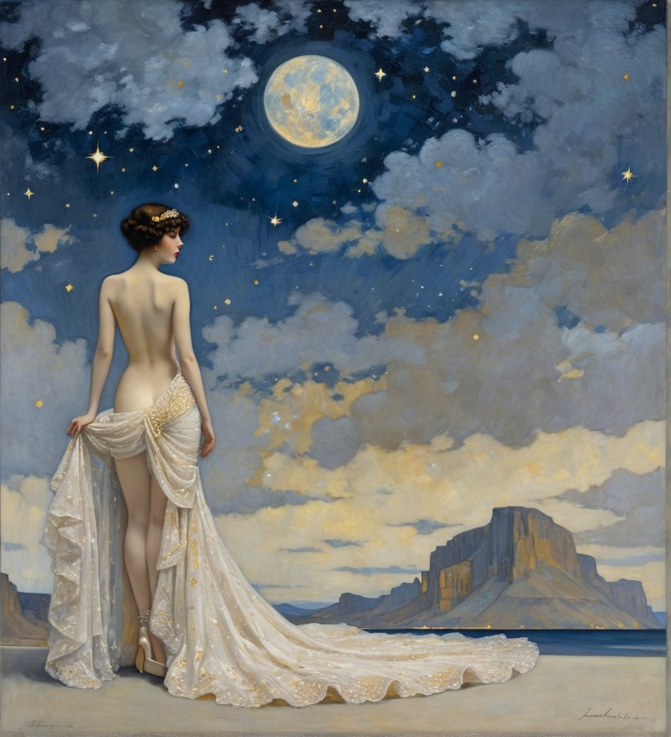 Serene Evening Scene with Woman in White Gown
