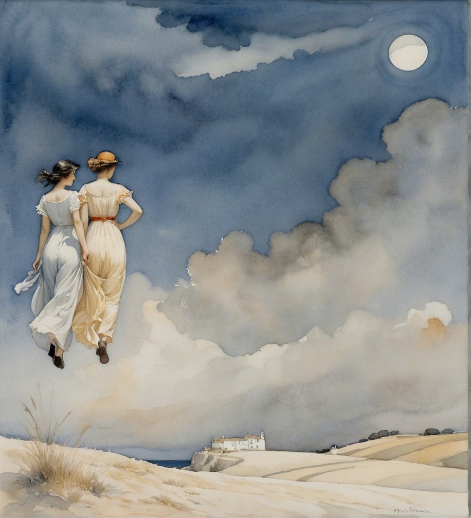 Women in Elegant Dresses on Coastal Landscape at Night