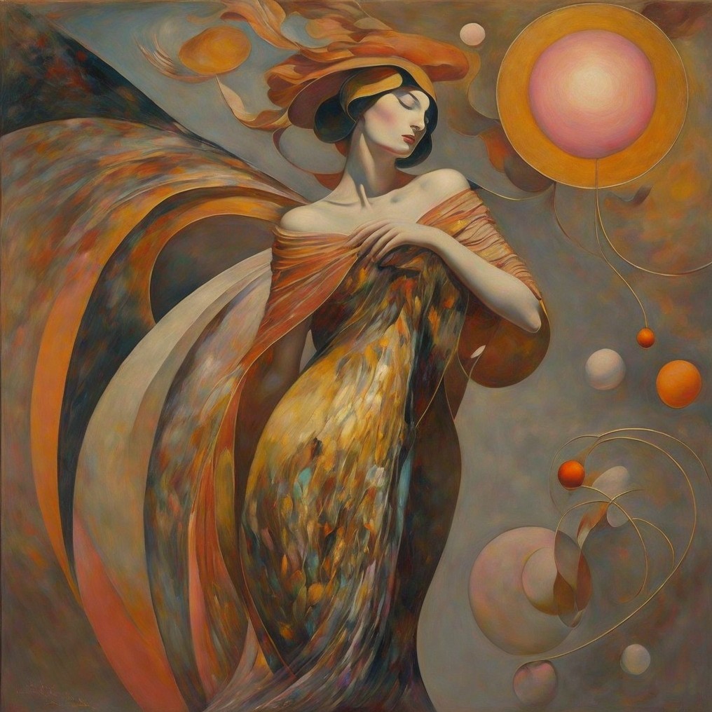 Elegant Figure in Flowing Fabric with Celestial Elements