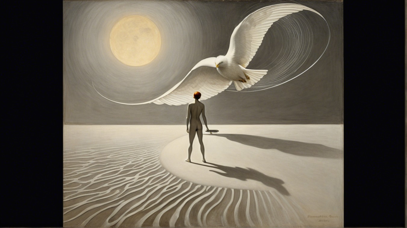 Surreal Scene of Nude Figure and Majestic Owl Under Moon