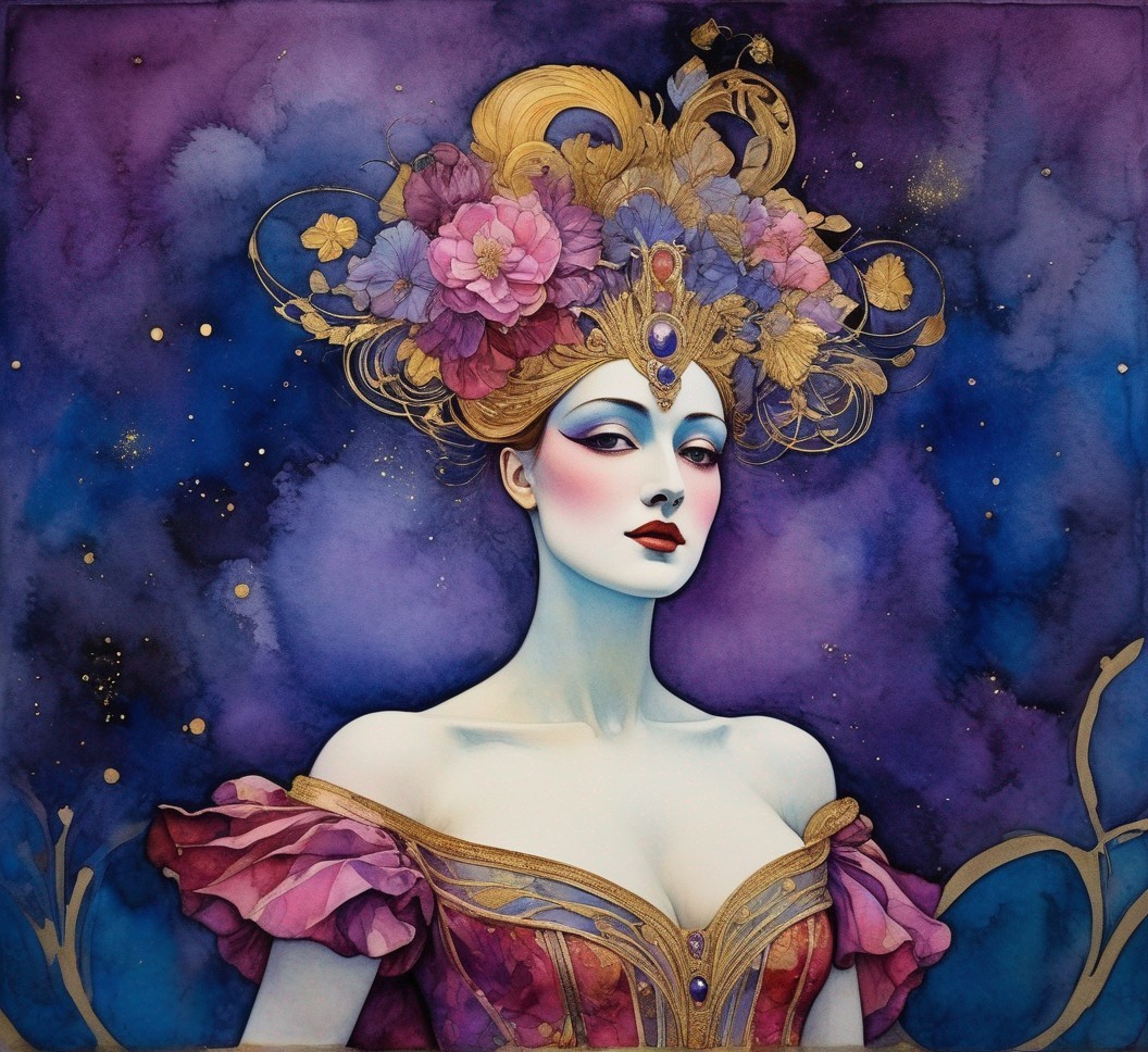 Woman with Floral Headdress in Golden Dress on Starry Background