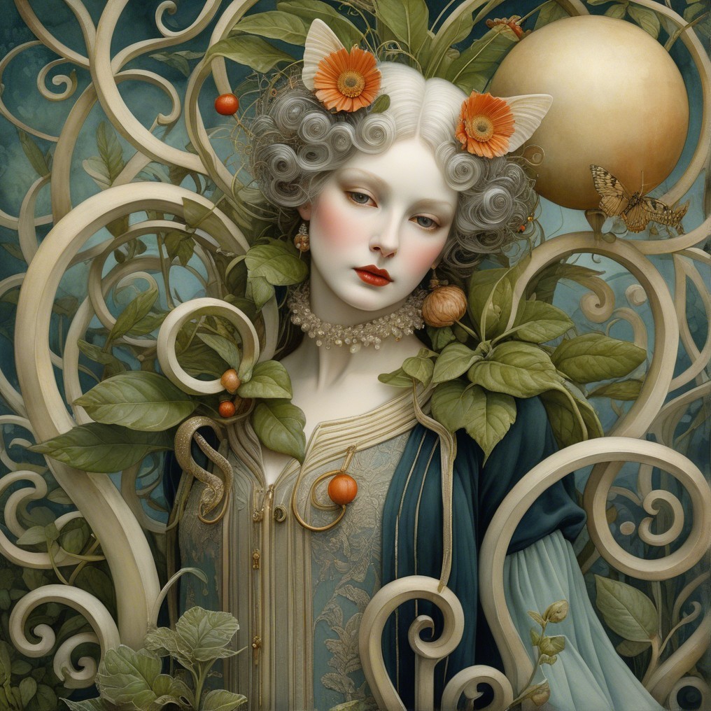 Serene Woman Surrounded by Vines and Mystical Elements