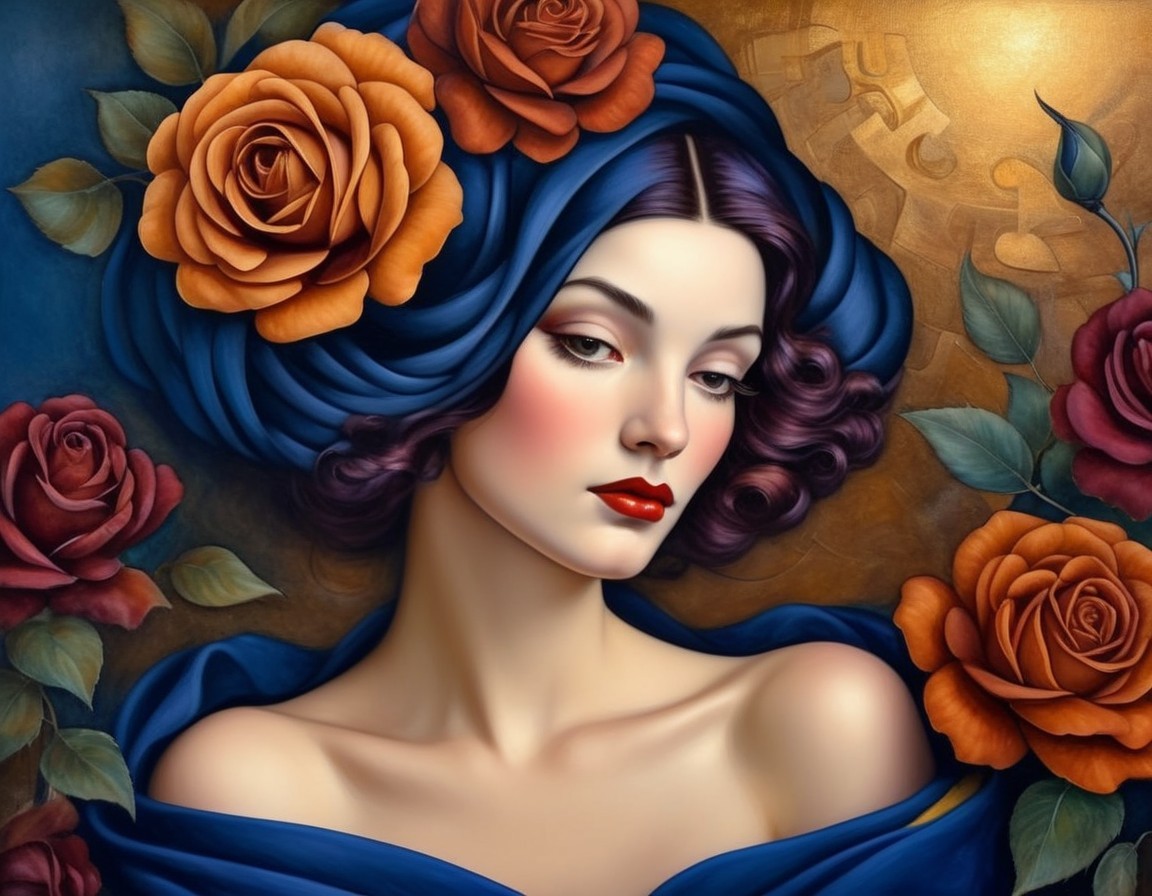 Stylized portrait of a woman with blue hair and roses