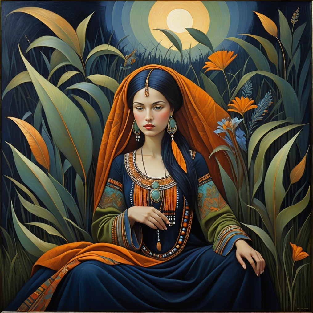 Oil Painting of Indian Woman in Traditional Attire